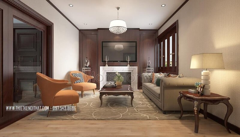 Trang trí nội thất phòng khách biệt thự tân cổ điển nhẹ nhàng, không quá cầu kì vào từng chi tiết nhỏ, tạo nên không gian sang chảnh và thoáng đãng hơn Danh sách các mẫu thiết kế phòng khách tân cổ điển tiện nghi