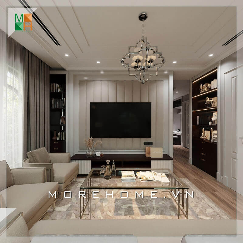 Kệ TV và thiết kế tường treo TV rất bắt mắt bởi những cái chạm khắc sáng tạo của KTS mang đậm phong cách tân cổ điển. Danh sách các mẫu thiết kế phòng khách tân cổ điển tiện nghi