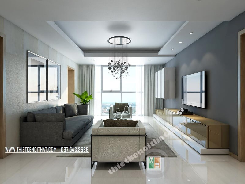Mẫu thiết kế nội thất chung cư tiện nghi với bộ sofa vải hiện đại tạo điểm nhấn nổi bật cho căn phòng. Mẫu nội thất chung cư hiện đại