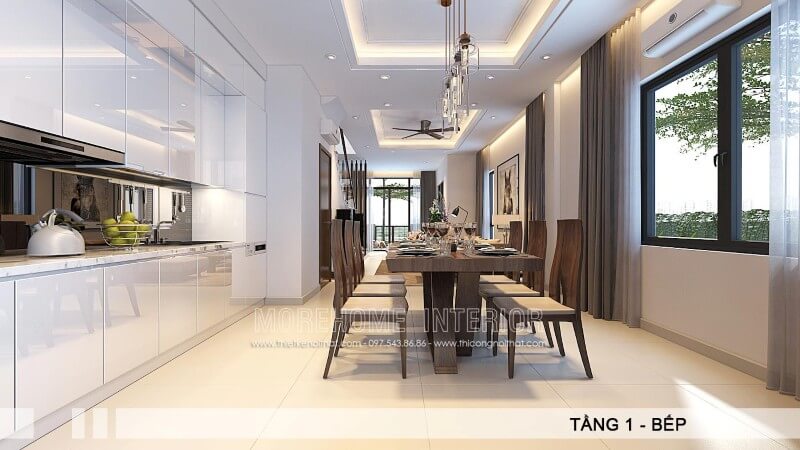 Thiết kế tủ bếp liền kề với không gian ăn uống giúp gia chủ có bữa cơm ngon miệng và thuận tiện hơn cả Thiết kế và sản xuất tủ bếp đẹp