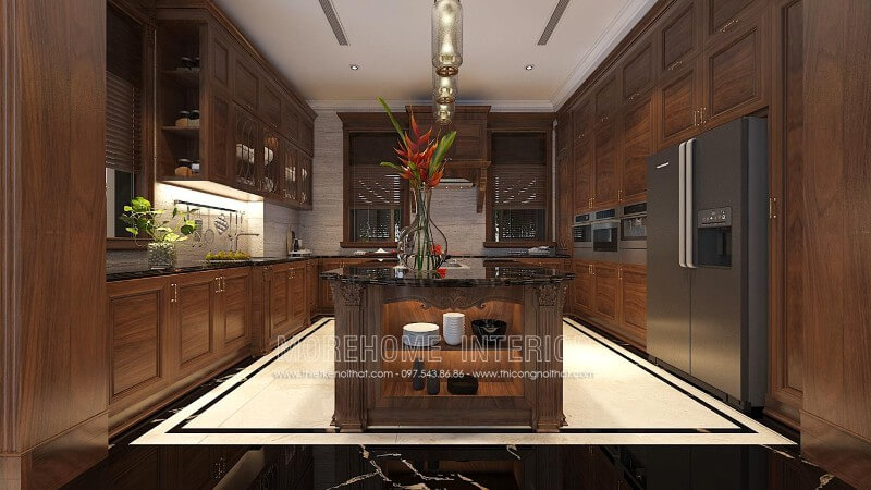 Kết hợp giữa những đường nét cổ điển pha với một chút hiện đại, tủ bếp óc chó tân cổ điển đã tạo nên một không gian nhà bếp biệt thự đầy sang trọng và mê hoặc Thiết kế và sản xuất tủ bếp đẹp