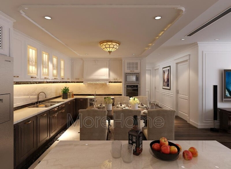 Với lối thiết kế tận dụng mọi góc chết, nội thất phòng bếp chung cư trông rộng và thoáng hơn. Thiết kế phòng bếp, tủ bếp đẹp