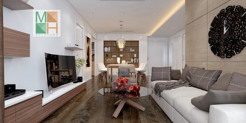 Kệ ti vi treo tường gỗ công nghiệp phù hợp với căn hộ chung cư giúp tiết kiệm kiệm diện tích không gian Trang trí nội thất chung cư