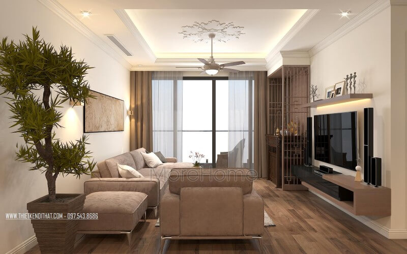 Hệ kệ tivi gỗ công nghiệp trong không gian này được thiết kế đơn giản nhưng đáp ứng đầy đủ công năng và thẩm mỹ Trang trí nội thất chung cư
