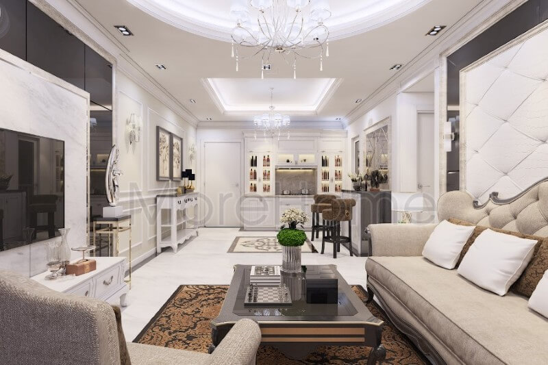 Mẫu thiết kế phòng khách chung cư sang trọng là sự kết hợp hài hòa của nét đẹp hiện đại trẻ trung khỏe khoắn cộng với sự mềm mại sang trọng của phong cách nội thất cổ điển Mẫu nội thất chung cư tân cổ điển