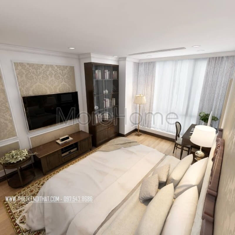 Lấy tone màu trắng tinh khôi đóng vai trò chủ đạo, nội thất phòng ngủ chung cư trở nên vô cùng sang trọng và nhẹ nhàng hơn Mẫu nội thất chung cư tân cổ điển