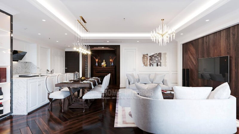 Thiết kế nội thất phòng ăn liền kề phòng khách tại chung cư cao cấp Nội thất chung cư tân cổ điển đẹp