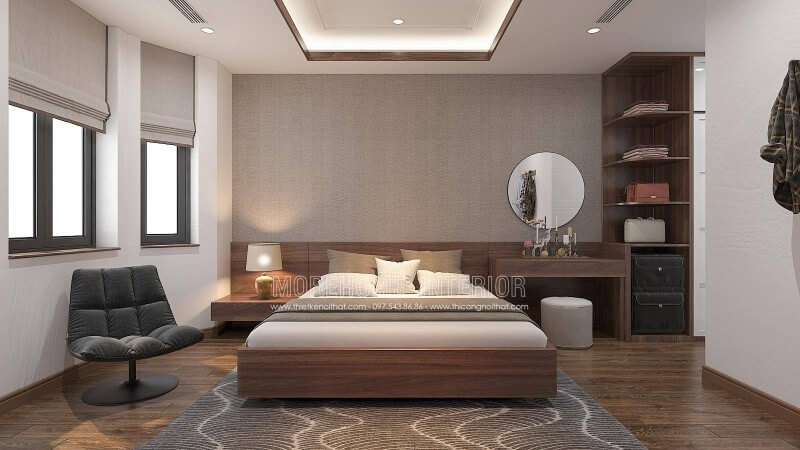 Nếu bạn là người mệnh Thổ hay mệnh Kim thì mẫu thiết kế nội thất phòng ngủ sử dụng gam màu nâu chủ đạo sẽ là gam màu khá phù hợp. Thể hiện nổi bật trong toàn bộ vật liệu đường ngôi nhà, từ sàn gỗ, giường ngủ gỗ, bàn trang điểm gỗ, kệ để đồ gỗ cùng chi tiết nhấn màu gỗ trên trần thạch cao và rèm. Thiết kế nội thất phòng ngủ biệt thự
