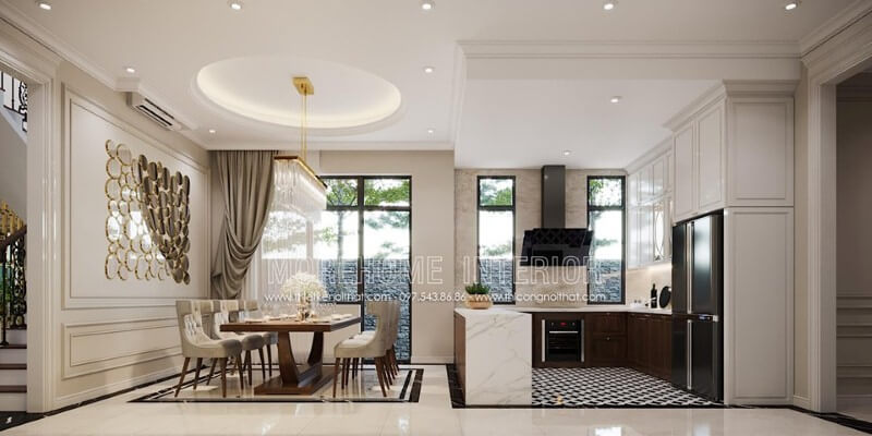 Sắp xếp nội thất mở sang trọng từ phòng ăn liền bếp không vách ngăn. Thiết kế phòng ăn biệt thự