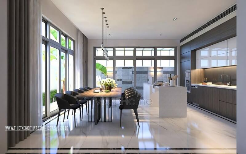 Bố trí nội thất phòng ăn liền bếp hiện đại, đẹp cho biệt thự, nhà phố. Thiết kế phòng ăn biệt thự