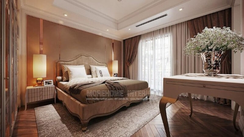 Mẫu giường tân cổ điển đẹp với thiết kế bọc nệm êm ái cùng đường nét uốn lượn đẹp mắt tạo điểm nhấn ấn tượng cho phòng ngủ đương đại cao cấp. Thiết kế nội thất phòng ăn biệt thự