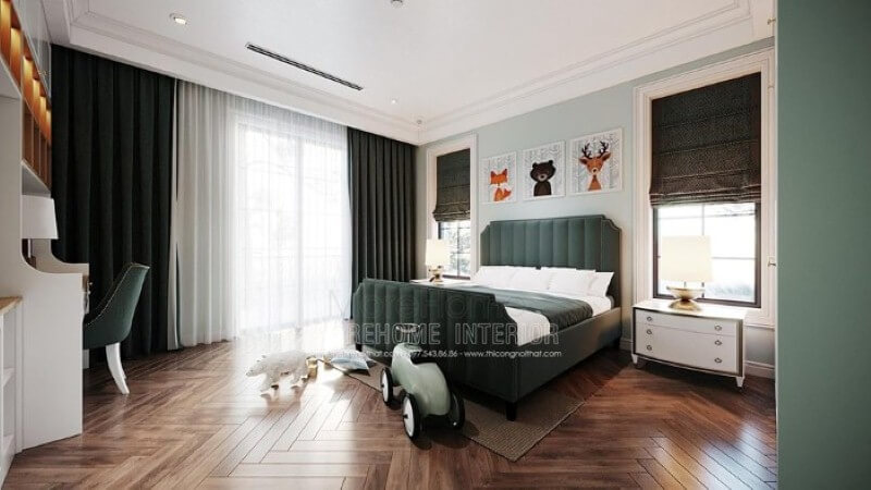Bộ tranh treo tường hình ảnh các con vật đáng yêu tạo điểm nhấn sinh động cho phòng con. Thiết kế nội thất phòng ăn biệt thự