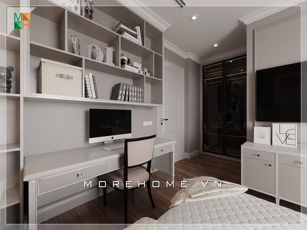 Giới thiệu mẫu thiết kế nội thất bàn làm việc và kệ sách treo tường phòng ngủ đẹp mang phong cách hiện đại. Chất liệu sản xuất chính là gỗ công nghiệp cao cấp An Cường rất đẹp mắt và màu sắc trang trí phù hợp với màu sắc căn phòng. Thiết kế nội thất phòng ăn biệt thự