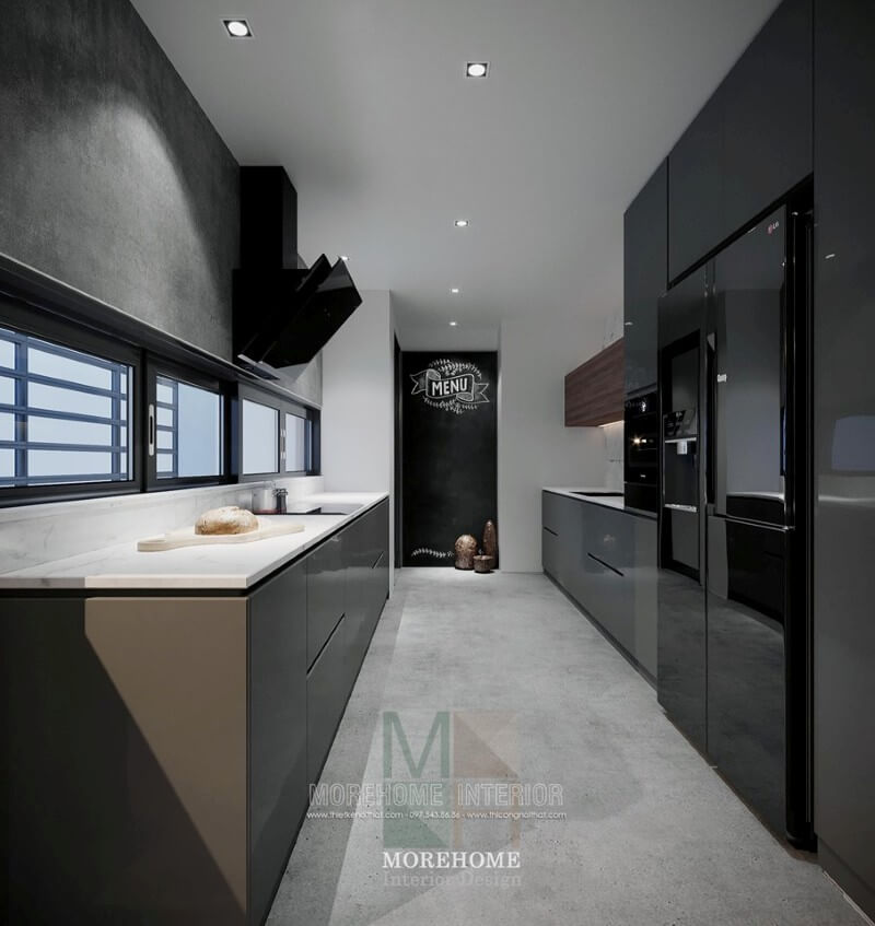 Mẫu tủ bếp gỗ công nghiệp được thiết kế hài hòa mang đến sự gọn gàng, thông thoáng cho không gian bếp. Tủ bếp đẹp