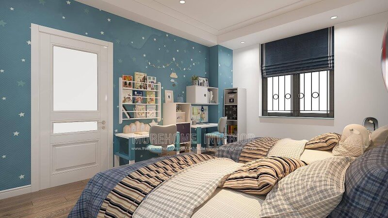 Thiết kế phòng ngủ của con với góc học tập được trang trí bắt mắt sẽ là gợi ý khá thú vị, bạn có thể tham khảo ý tưởng thiết kế phòng ngủ của 2 cậu con trai với bàn học được bố trí tách rời và cách bố trí kệ trang trí, giá để đồ như trong đây. Tùy từng diện tích nhà bạn có thể bố trí phù hợp với căn hộ, nhà phố hay nhà biệt thự của mình. Thiết kế nội thất phòng ngủ biệt thự