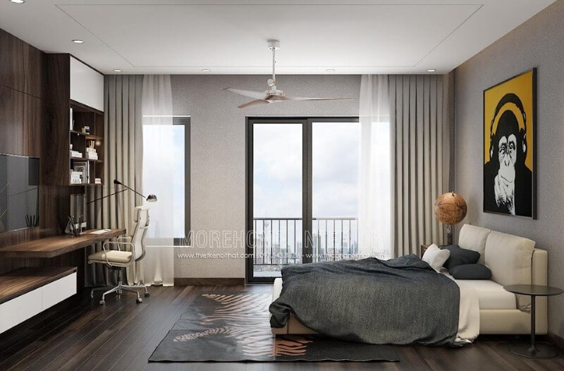 Ánh sáng giúp không gian luôn được thông thoáng khi được tận dụng tối đa từ hệ cửa chính, cửa sổ phòng ngủ hiện đại có ban công. Thiết kế phòng ngủ