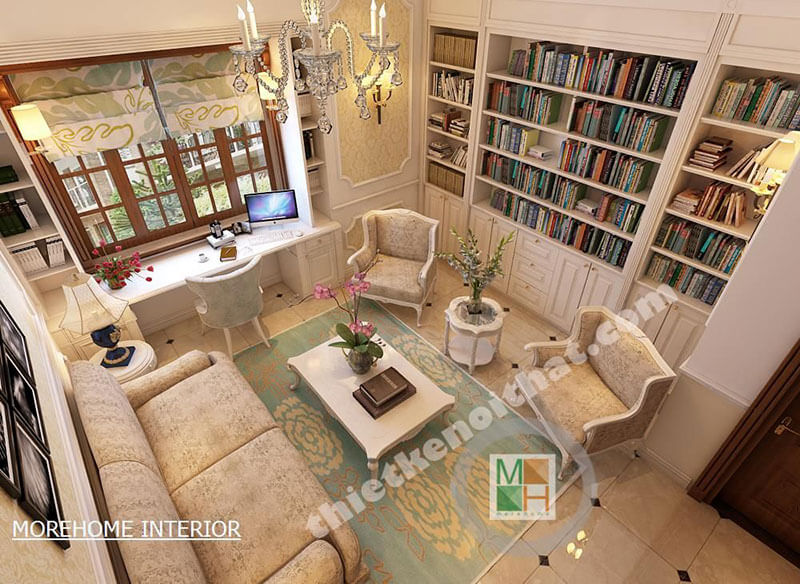 Mẫu sofa tân cổ điển bọc vải cho phòng đọc sách Mẫu nội thất biệt thự tân cổ điển đẹp