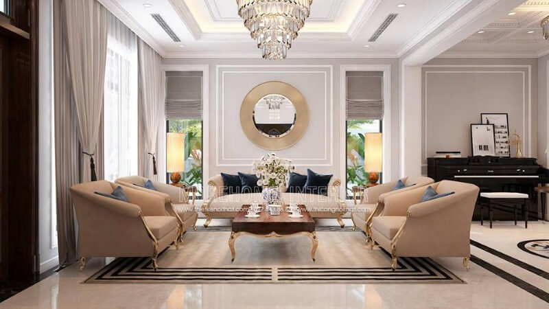 Bộ bàn ghế sofa tân cổ điển mạ vàng gam màu trắng sữa nhẹ nhàng nhưng lại tạo điểm nhấn đẹp, sang trọng cho phòng khách.