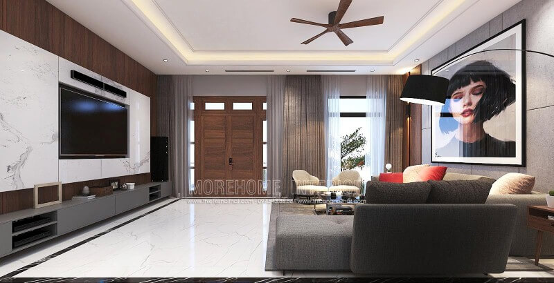 Sắp xếp nội thất phòng khách hiện đại đẹp, tinh tế từ đá ốp tường vân mây, tranh treo tường nghệ thuật cùng sofa hiện đại cao cấp. Thiết kế nội thất phòng khách nhà phố