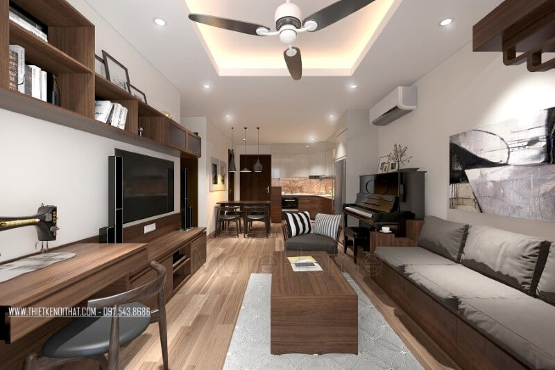 Trang trí phòng khách chung cư đẹp và ấn tượng với tone màu trầm từ nội thất gỗ Thiết kế phòng khách chung cư
