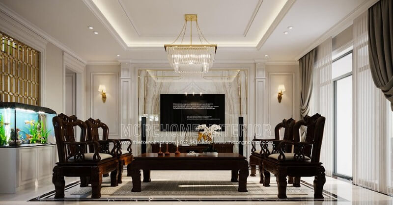Đá đối vân ốp tường đẹp sang trọng tạo vẻ đẹp ấn tượng cho phòng khách biệt thự, nhà phố cao cấp. Thiết kế phòng khách biệt thự