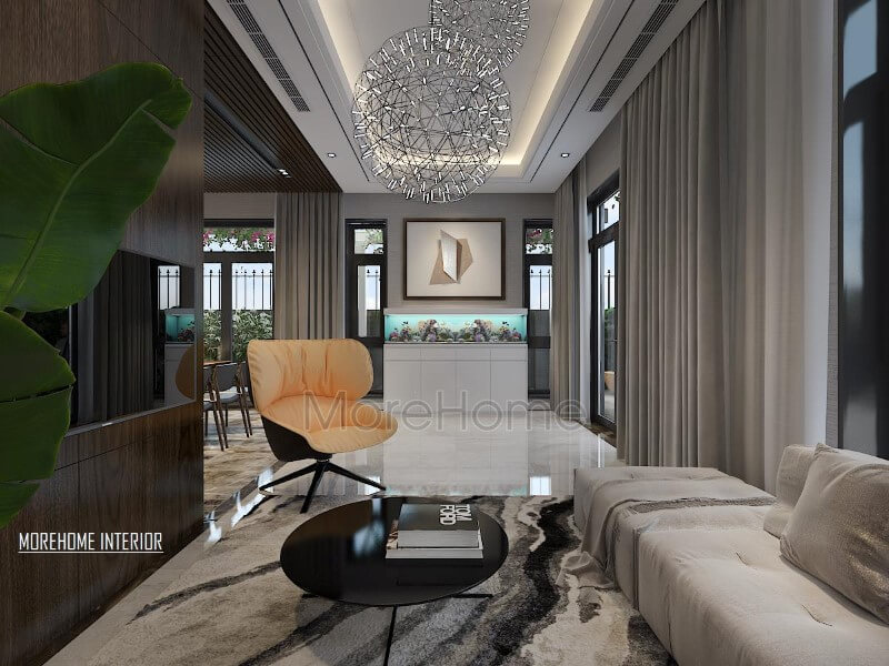 Thiết kế nội thất phòng khách hiện đại tinh tế với bể cá phong thủy. Thiết kế phòng khách biệt thự
