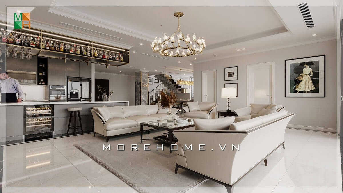 Với tone màu trắng chủ đạo thì bộ bàn ghế sofa cao cấp màu trắng là một sự kết hợp hoàn hảo tạo nên một không gian phòng khách sang trọng và tiện nghi, Thiết kế phòng khách biệt thự