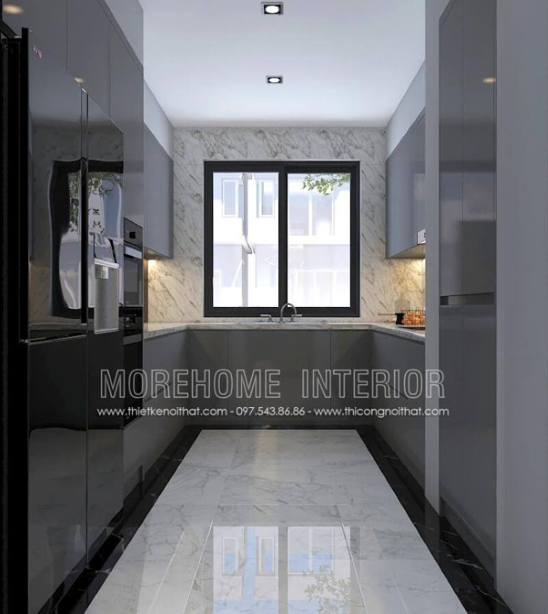 Thiết kế phòng bếp với tủ bếp hình chữ U màu xám là một ý tưởng sử dụng tối đa diện tích và có thể lưu trữ những vật dụng phát sinh cần thiết trong sinh hoạt gia đình phù hợp với mọi không gian hiện đại từ chung cư, nhà phố, biệt thự. Tủ bếp đẹp, sang trọng và đẳng cấp