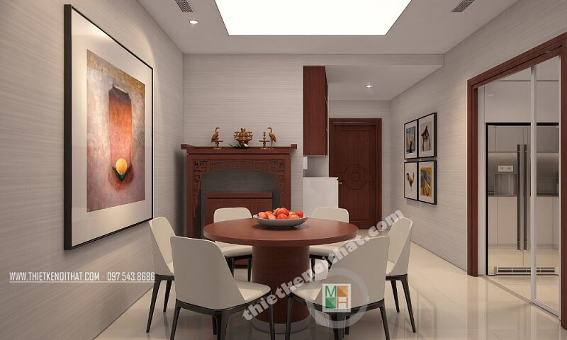 Thiết kế nội thất căn hộ chung cư Royal City Thanh Xuân hiện đại với phòng bếp và bàn ăn liền kề rất thuận tiện mang đến cảm giác gần gũi cho gia chủ. Thiết kế chung cư