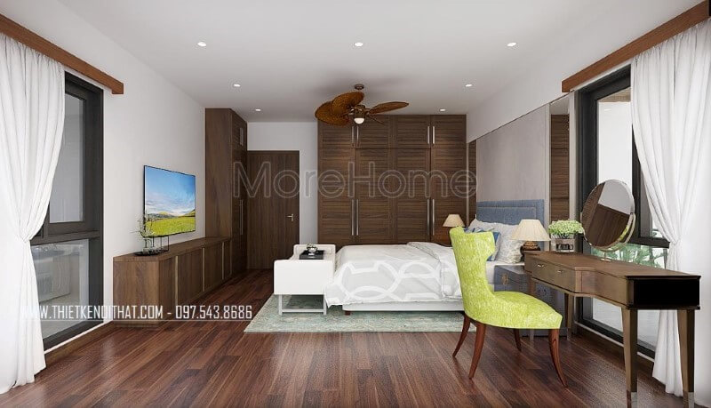 Nội thất phòng ngủ vợ chồng gỗ óc chó trở thành điểm nhấn bởi vẻ đẹp hoàn hảo được tôn lên từ Sàn gỗ, bộ bàn ghế trang điểm, tủ quần áo, kệ tivi, cửa gỗ. Thiết kế chung cư