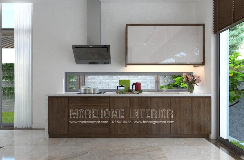 Tủ bếp gỗ óc chó nhập khẩu được thiết kế chữ i đơn giản hay không cầu kỳ mà vẫn phải đáp ứng đầy đủ công năng sử dụng, thỏa mãn tính thẩm mỹ lại rất gọn gàng bắt mắt, thể hiện đẳng cấp của gia chủ Thiết kế và sản xuất tủ bếp đẹp