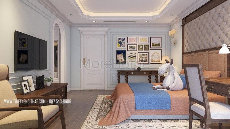 Thiết kế nội thất phòng ngủ chung cư phong cách tân cổ điển sử dụng các vật liệu nhẹ như gỗ, kính cường lực là chủ yếu gợi mở một không gian thiết kế tinh tế, nhẹ nhàng thiết kế chung cư