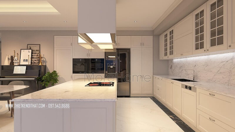 Phòng bếp được thiết kế tinh tế trong gam màu trắng tinh khôi với thiết bị bếp được lựa chọn mẫu thiết bị cao cấp nhất Thiết kế phòng bếp, tủ bếp đẹp