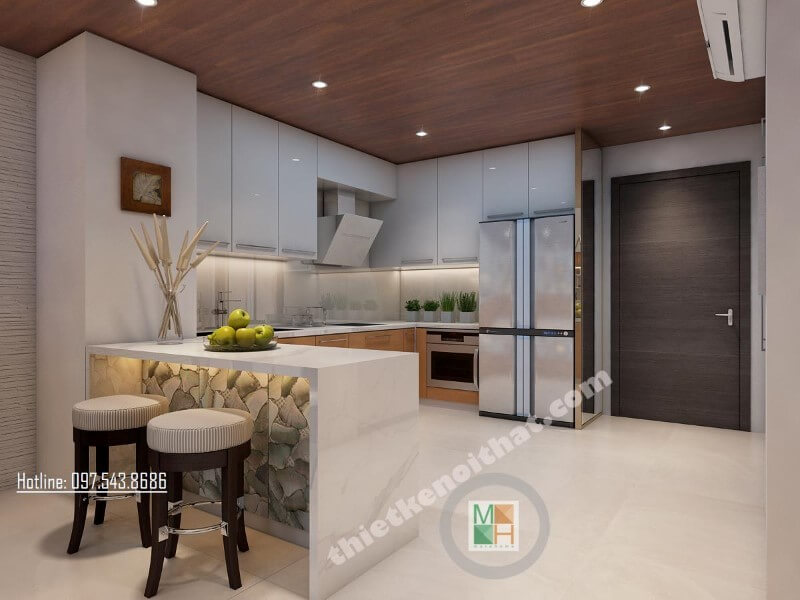 Thiết kế nội thất phòng bếp gọn gàng và ngăn nắp không quá nổi bật về tính thẩm mỹ nhưng vẫn toát lên sự tinh tế và sang trọng Thiết kế phòng bếp