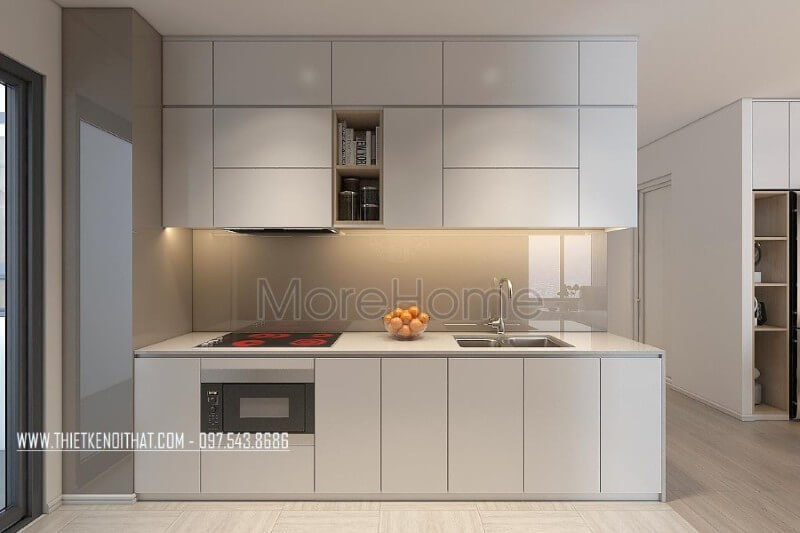 Mẫu tủ bếp kiểu dáng chữ i gỗ acrylic màu trắng kết hợp phân chia các ngăn tủ một cách hợp lí, tạo cho người nội trợ thuận tiện hơn trong quá trình mang lại những bữa cơm ngon miệng cho những người thân yêu của mình Tủ bếp hiện đại,tủ bếp đẹp hiện đại, tủ bếp An Cường
