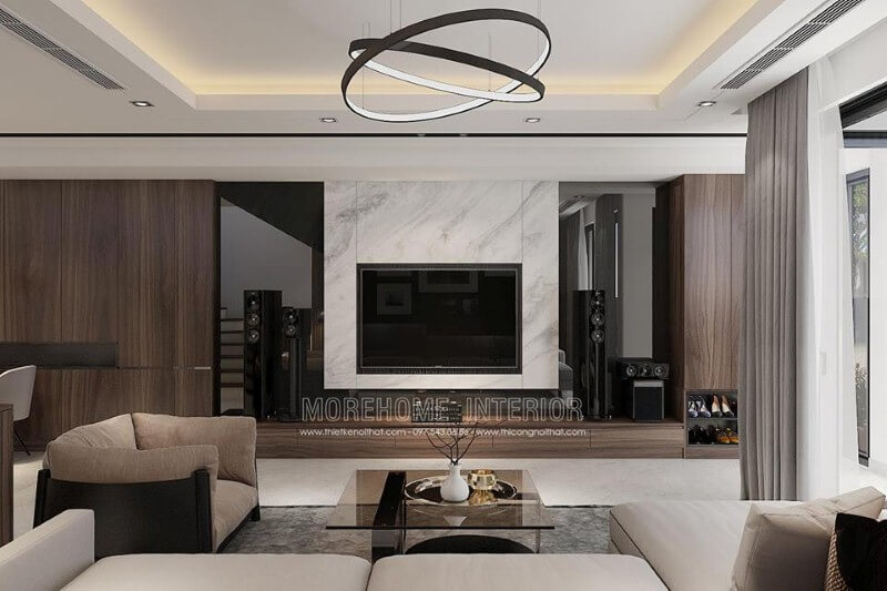 Đá ốp granite sẽ độc đáo hơn nết kết hợp vật liệu ốp phòng khách tối màu. Thiết kế nội thất phòng khách biệt thự