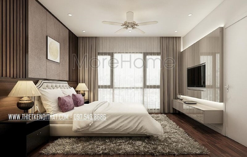 Cửa kính lớn cùng rèm 2 lớp giúp không gian luôn thông thoáng bên cạnh đó, đồ nội thất hiện đại sang trọng càng làm tăng thêm sự sang trọng, đẳng cấp cho phòng ngủ master. Thiết kế nội thất phòng ngủ biệt thự