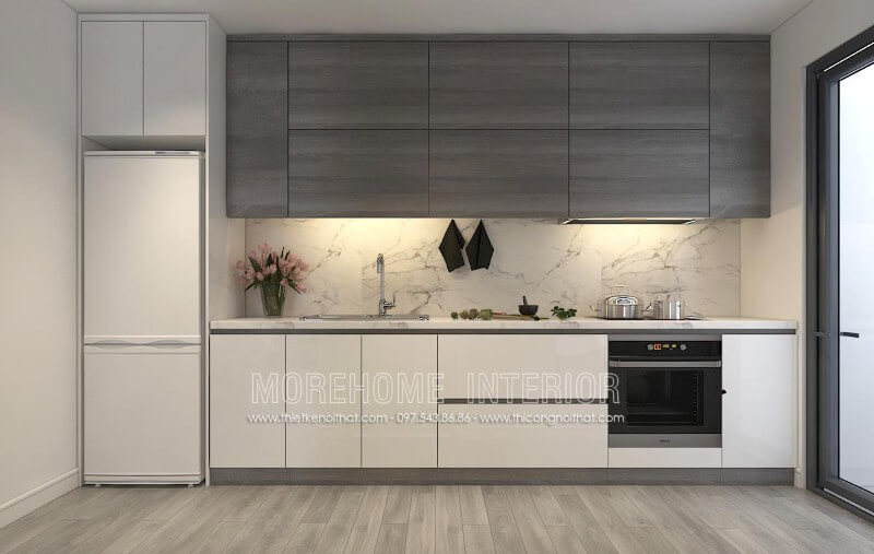 Mẫu tủ bếp đẹp giá rẻ với hai tông màu đối lập xám – trắng cho không gian ấn tượng, lạ mắt Tủ bếp gỗ, tủ bếp gỗ tự nhiên, tủ bếp tân cổ điển
