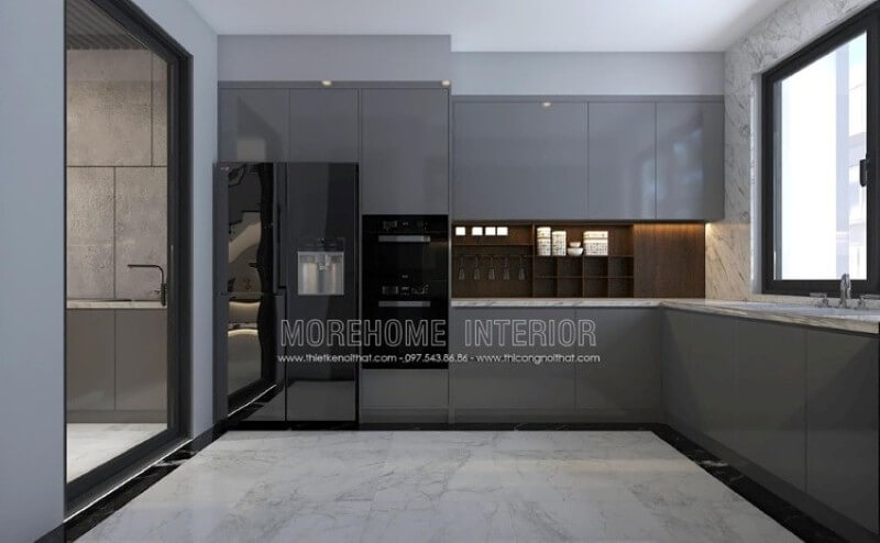 Mẫu tủ bếp gỗ công nghiệp acrylic màu xám đẹp mắt trong trang trí nội thất phòng bếp hiện đại sẽ là lựa chọn khá phù hợp với các không gian như chung cư, biệt thự, nhà phố. Tủ bếp đẹp, sang trọng và đẳng cấp