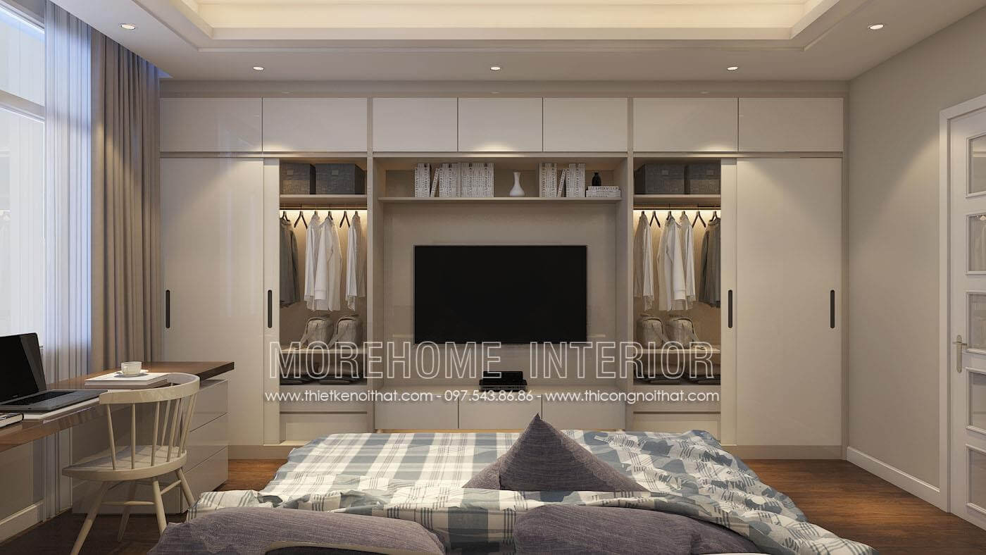 Thiết kế tủ áo thông minh, vừa là tủ quần áo, vừa là kệ tivi, giải pháp tiết kiệm không gian cho phòng ngủ chung cư Thiết kế chung cư hiện đại