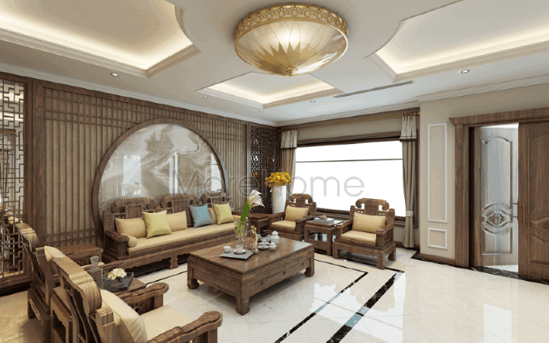 Bộ bàn ghế gỗ óc chó cao cấp cùng đường nét tuyệt đẹp tạo nên không gian đẳng cấp cho phòng khách biệt thự Riverside Nguyễn Duy Trinh Quận 2, Tp. HCM. Mẫu thiết kế và thi công nội thất biệt thự
