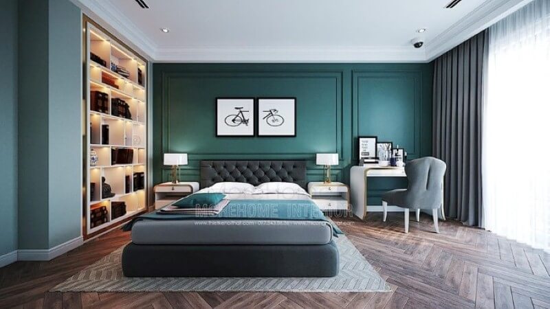 Bộ 2 tranh in canvas hình xe đẹp đẹp tạo điểm nhấn sinh động cho phòng ngủ sắc xanh nổi bật. Thiết kế phòng ngủ biệt thự