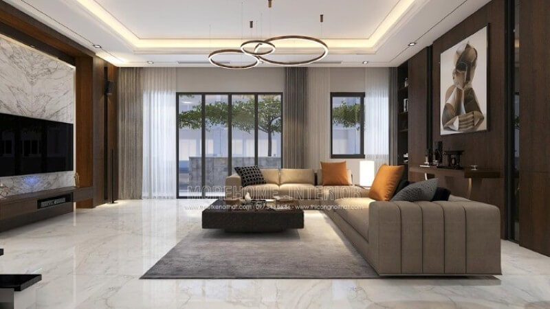 Mẫu thiết kế nội thất phòng khách biệt thự cao cấp tại biệt thự Park city với ý tưởng sử dụng phong cách hiện đại nhưng mang lối sang trọng, ấm áp. Thiết kế nội thất phòng khách biệt thự