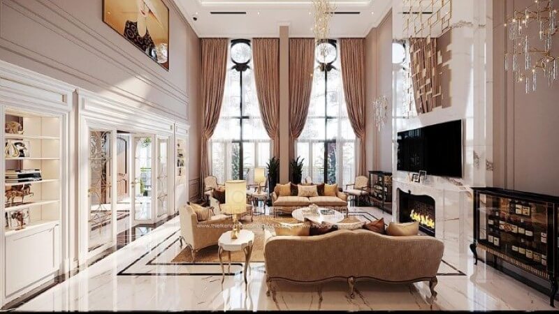Trang trí nội thất phòng khách tân cổ điển đẹp, sang trọng tại Vinhomes Imperia Hải Phòng. Thiết kế nội thất phòng khách biệt thự