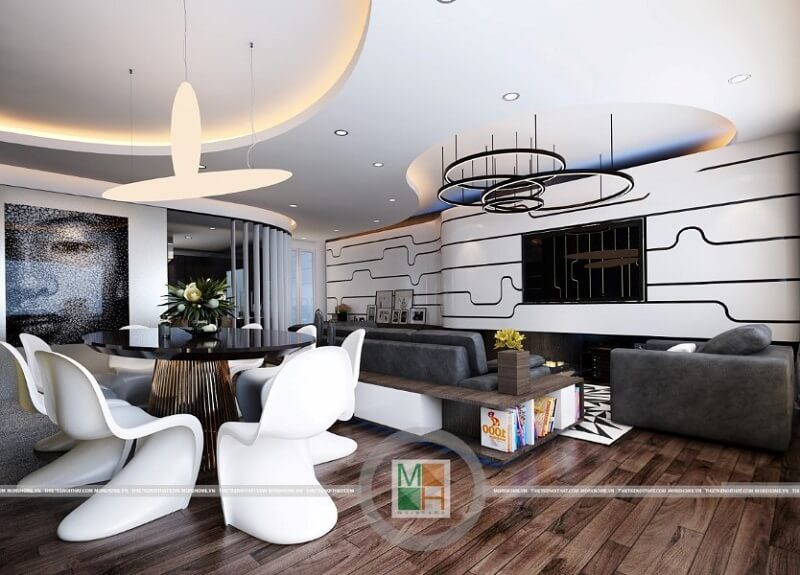 Thiết kế nội thất chung cư Ciputra hiện đại , KTS đã ưu tiên sử dụng các vật liệu nhẹ như kính cường lực, tấm chắn gỗ kết hợp tủ đựng đồ vừa đảm bảo tính thẩm mỹ vừa tiết kiệm thời gian thi công và diện tích không gian sinh hoạt. Mẫu nội thất chung cư đẹp