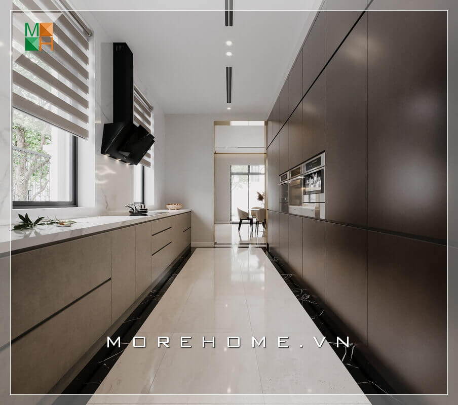Mẫu hệ thống tủ bếp rất hiện đại, tiện nghi và sang trọng màu nâu đen. mẫu tủ bếp gỗ công nghiệp An Cường