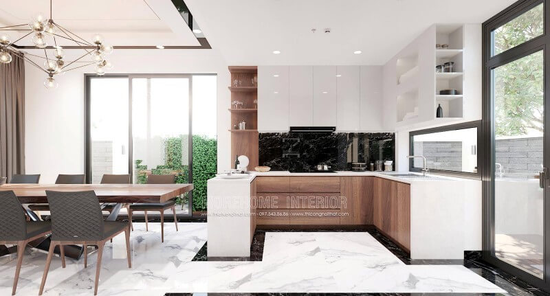 Mẫu tủ bếp biệt thự được thiết kế ấn tượng với sự phân chia khoa học mang lại sự thuận tiện cho người nấu. Tủ bếp đẹp