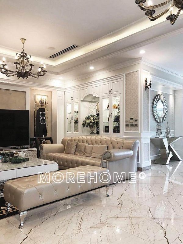 Đường nét tân cổ điển được thể hiện trên mọi không gian phòng khách biệt thự