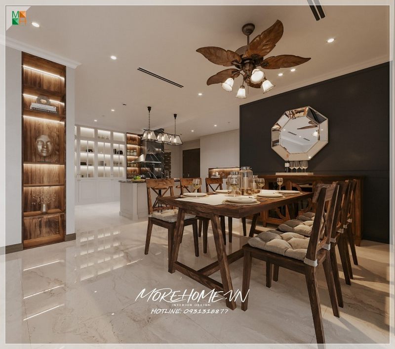 Bộ bàn ăn 6 ghế gỗ óc chó hơi hướng tân cổ điển mang nét hiện đại của một căn hộ  sang trọng hiện đại.