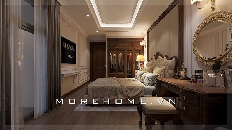 Đặc trưng của thiết kế nội thất phòng ngủ Master tân cổ điển là sự cầu kỳ tập trung ở đường nét đầu giường bởi lối trang trí hoàng gia